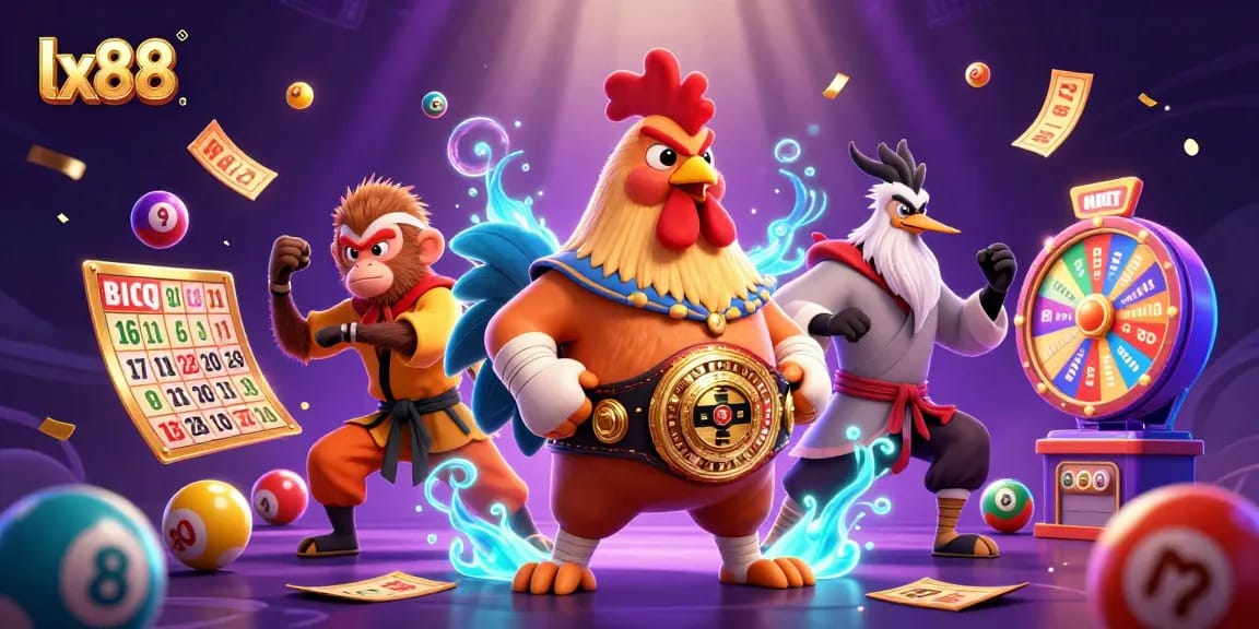 Join the excitement of lx88 with a dynamic scene featuring Muay Thai rooster, Shaolin monkey, and crane master.