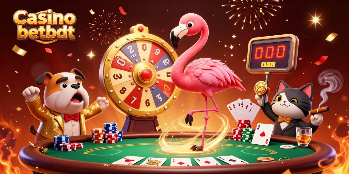 Engage with thrilling games at Casino betbdt, featuring vibrant casino scenes and energetic characters.
