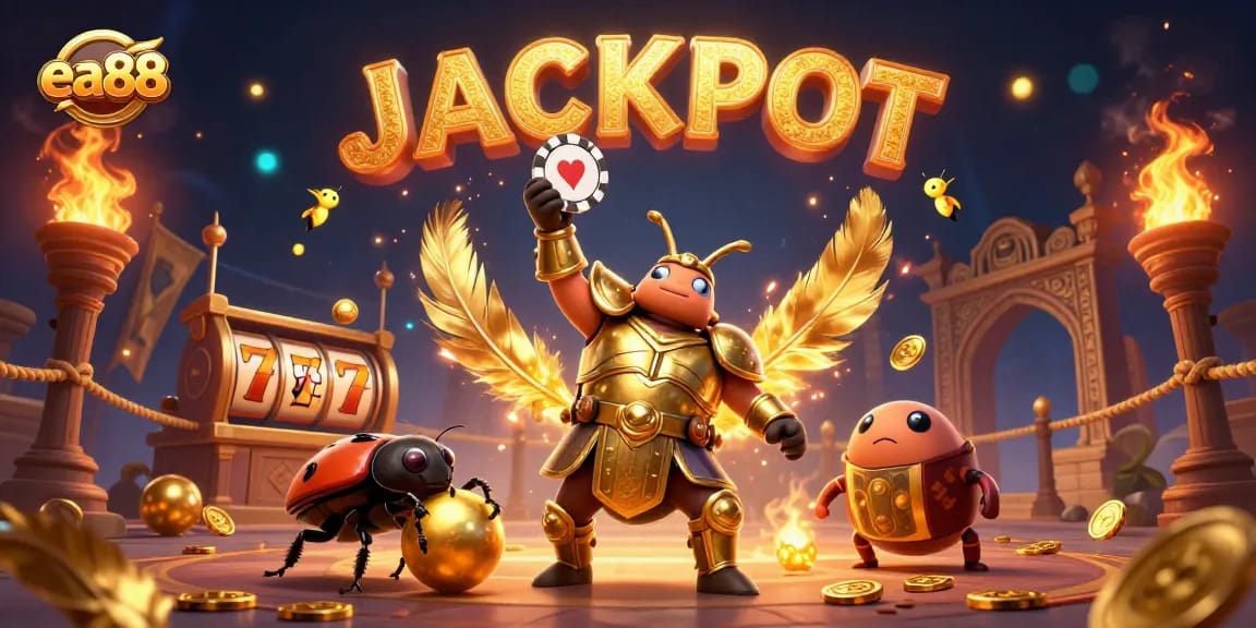Experience the excitement at EA88 with a victorious beetle lifting a poker chip while surrounded by dynamic casino elements.
