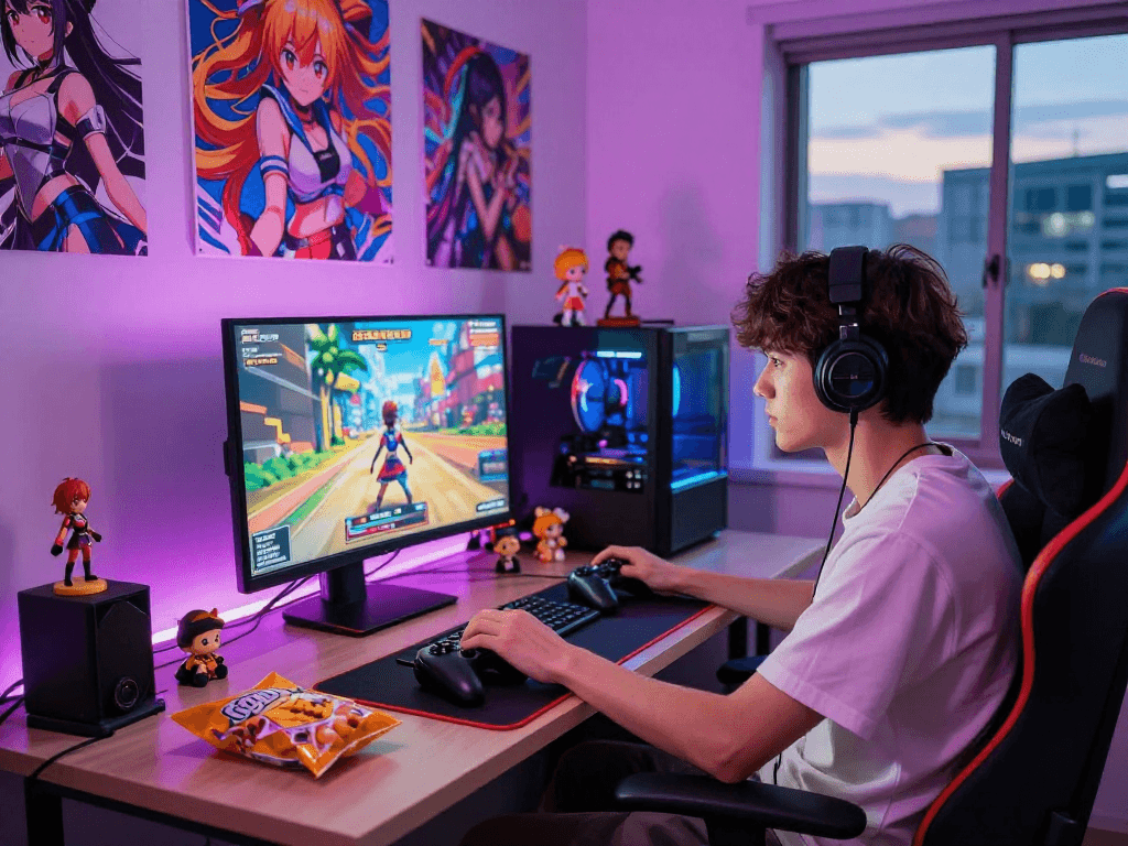 Engaging scene of a gamer enjoying hentai games with colorful decor and snacks.