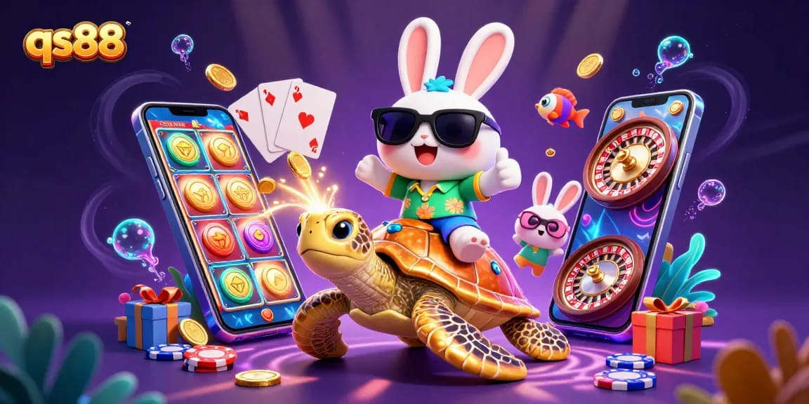 Join the fun with qs88 as the lucky rabbit and golden turtle dive into casino excitement!