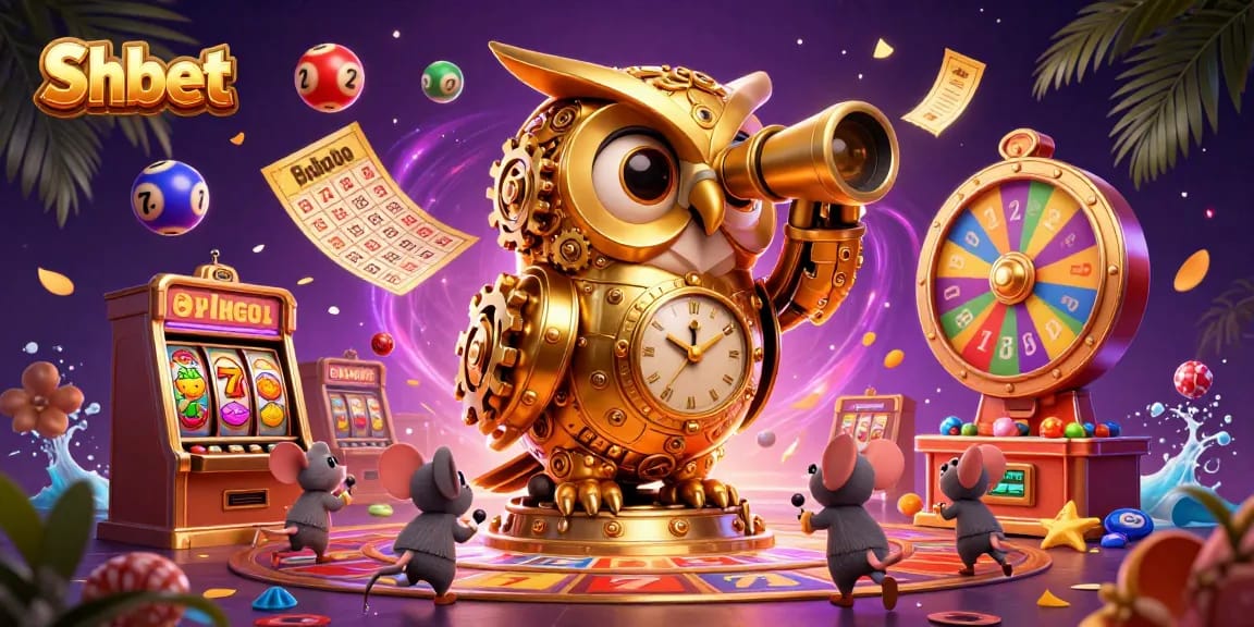 Experience the vibrant and dynamic casino world with Shbet, featuring a golden owl and playful mice amid exciting games.