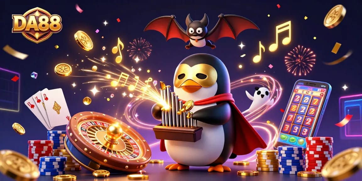 Experience thrilling fun at DA88, featuring a majestic penguin playing a casino organ with coins cascading.