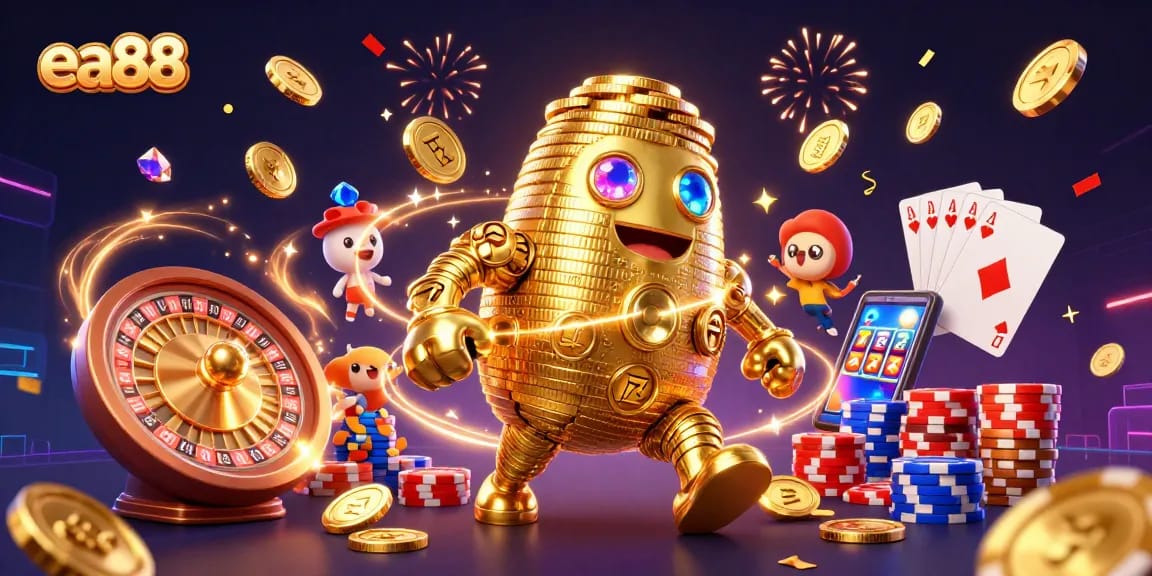 Spin for fortunes with ea88's dynamic casino scene featuring a golden golem and exciting game elements.