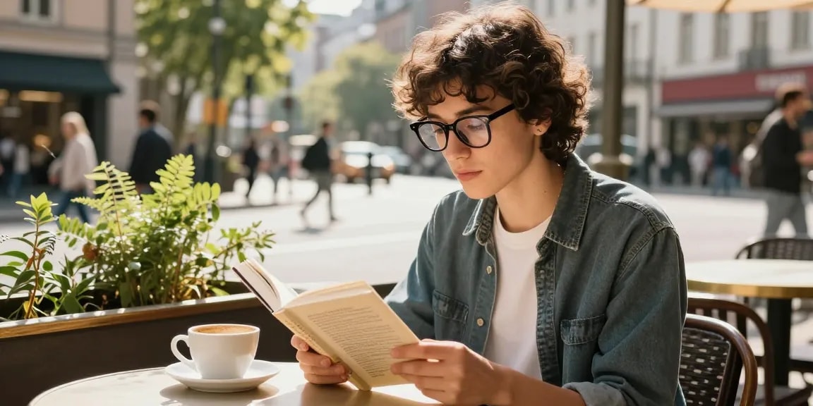 Pessoa usando óculos de grau elegantes em café urbano, aproveitando um livro.