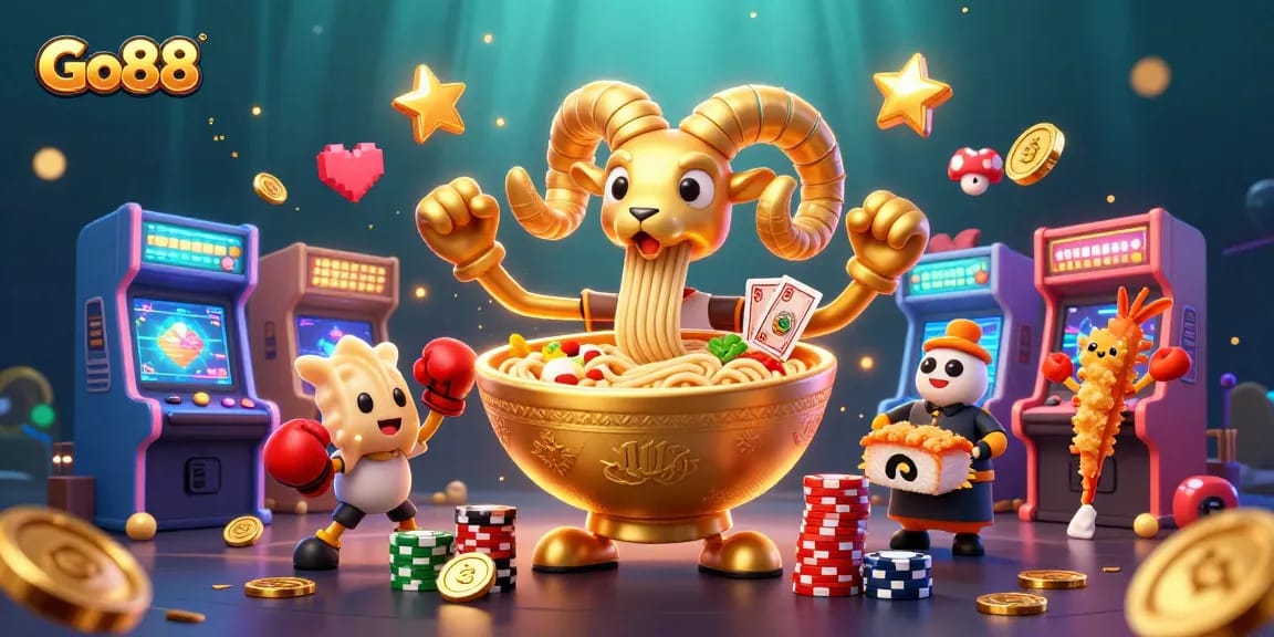 Engage with Go88 as a giant ramen bowl deals cards amid vibrant 3D gaming elements.