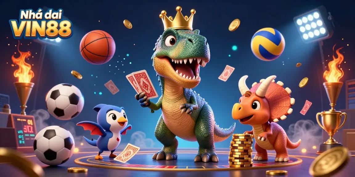 Engage in thrilling bets at Nhà cái VIN88 with a 3D T-Rex and friends in a dynamic casino setting.