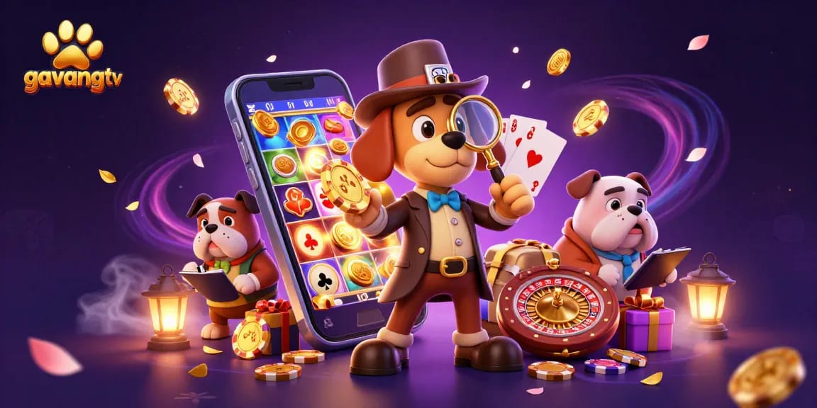 Gavangtv showcases a 3D cartoon detective solving a casino mystery with vibrant gambling elements.