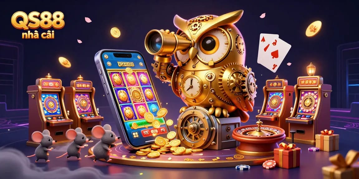 Engage with QS88 nhà cái's vibrant casino atmosphere featuring a golden owl and mini game elements.