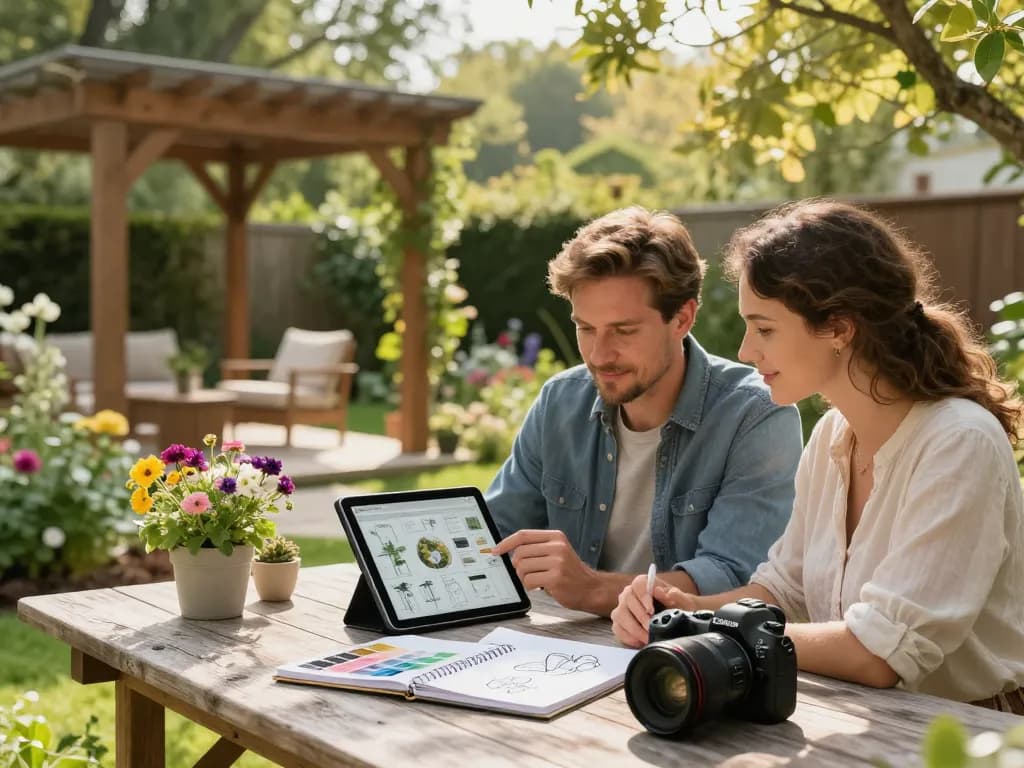 Couple using a pergola 3D planner app to design an outdoor structure in a vibrant garden setting.