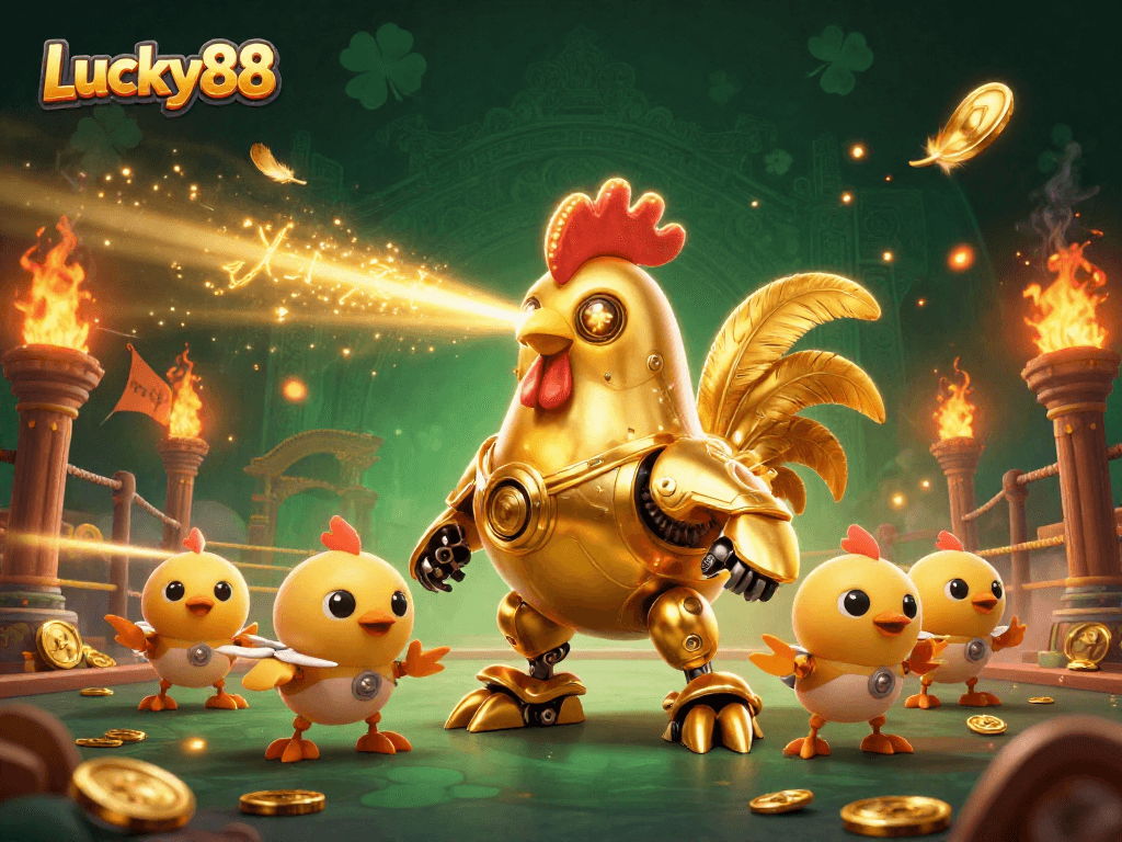 Engage in games at Lucky88 with a vibrant 3D scene depicting a golden rooster robot and baby chick drones.