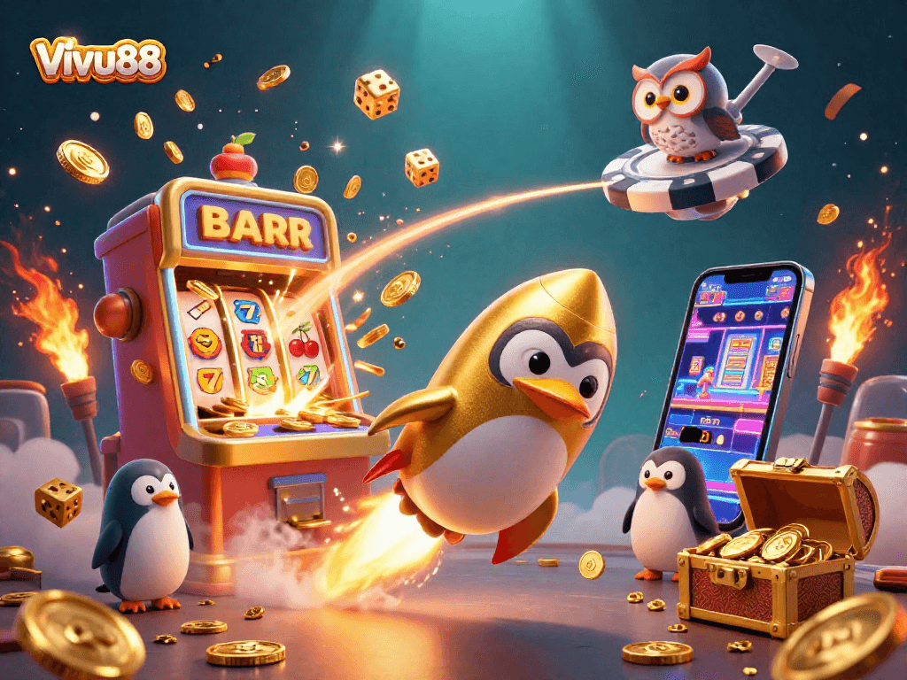 Experience the thrill of Vivu88 with a dynamic illustration of a winning penguin and slot machine bursting with coins.