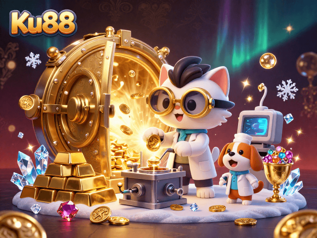Experience thrilling gameplay with Ku88 in a vibrant casino illustration filled with gold and jewels.