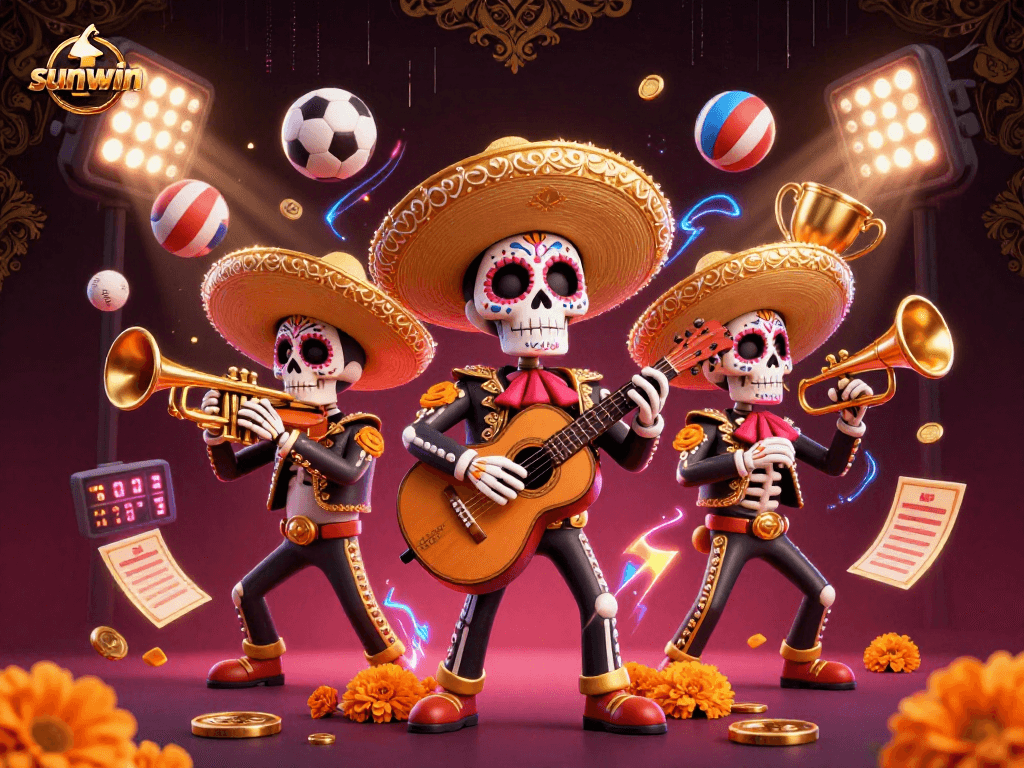 Experience sunwin's vibrant energy with Dia de los Muertos mariachi skeletons celebrating gaming triumphs.