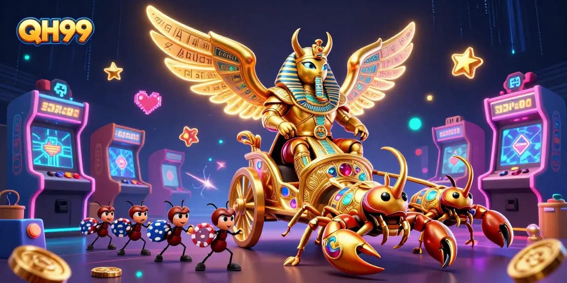 Engage in thrilling gameplay with QH99's vibrant gaming illustration featuring a colossal scarab and casino elements.