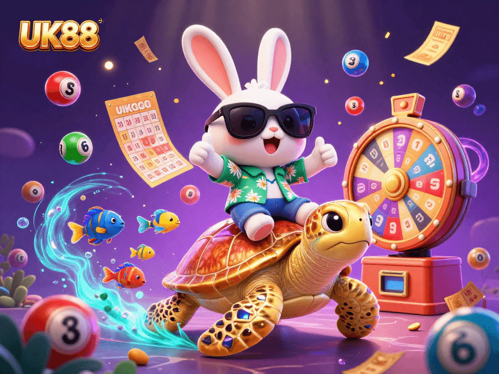 UK88 showcases a vibrant casino scene with a lucky rabbit and golden sea turtle amid lottery fun.
