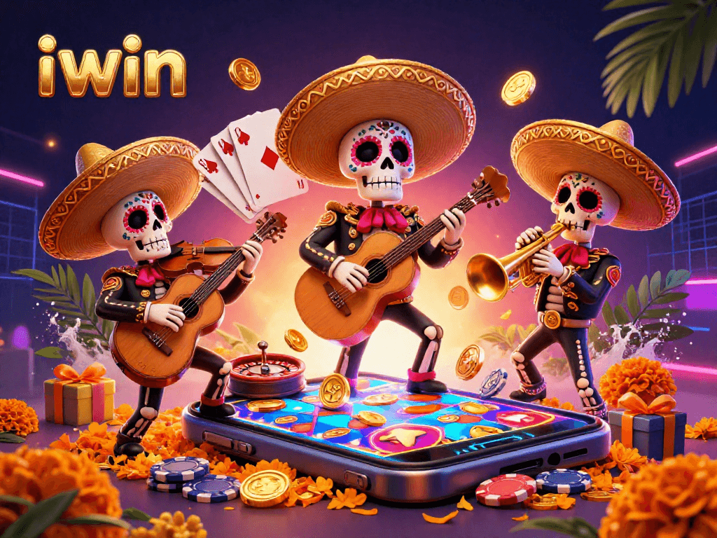 Engage with vibrant iwin casino illustration featuring dynamic mariachi band, slot games, and vibrant gaming elements.
