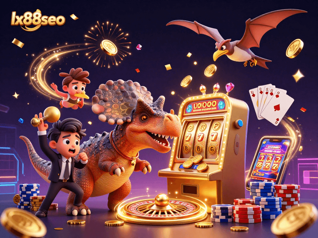 Catch jackpots at lx88seo with slot machines and golden coins in a lively casino scene.