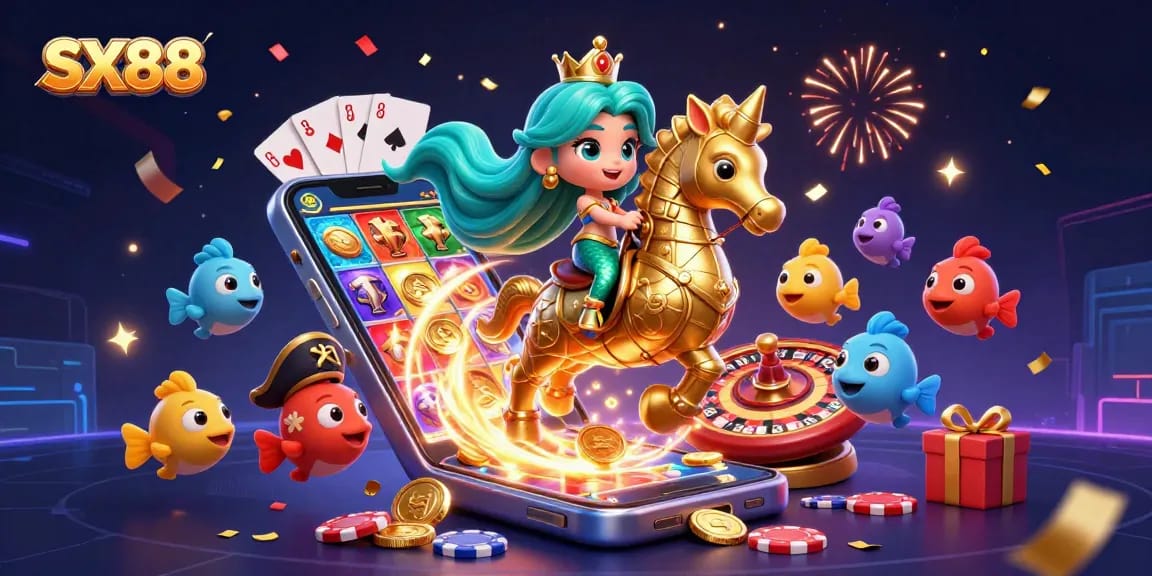 SX88 players spin vibrant slot reels and engage with colorful casino elements in a high-energy illustration.
