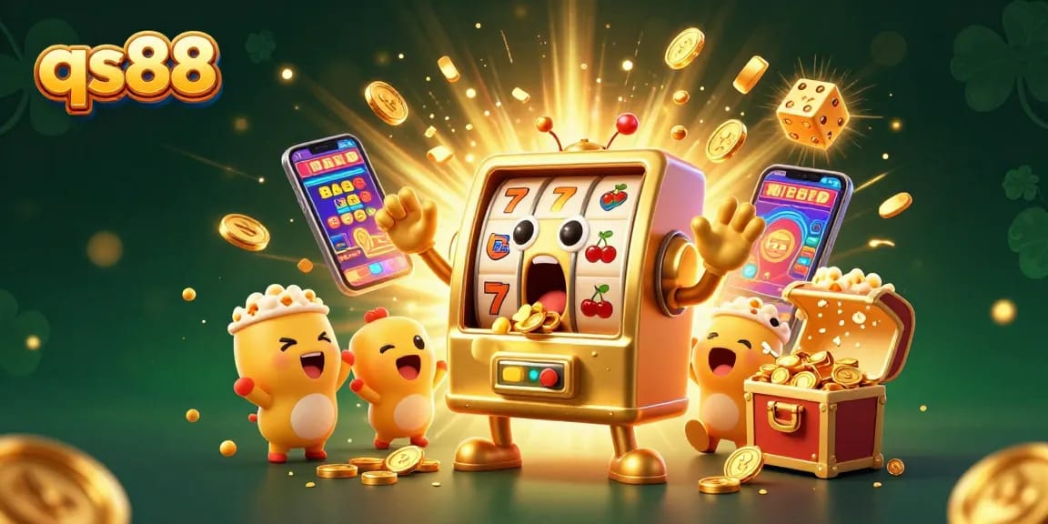 Engage with qs88's golden slot machine celebrating a jackpot with festive coins and vibrant casino elements.