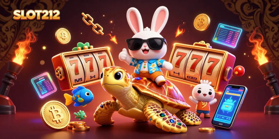 SLOT212 showcases vibrant gaming action with a rabbit and turtle amidst slot symbols and crypto coins.