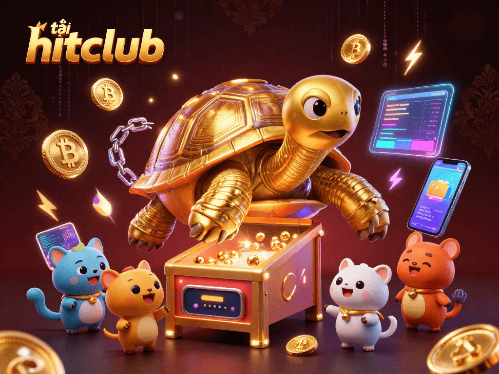 Engage in exciting gameplay with tải hitclub, featuring a vibrant casino scene with golden tortoise and crypto coins.