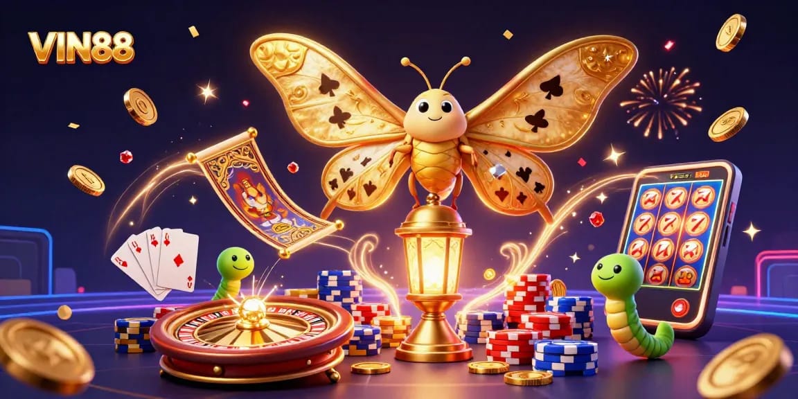 Experience the thrill of VIN88 with a vibrant casino scene showcasing golden elements and dynamic gaming action.