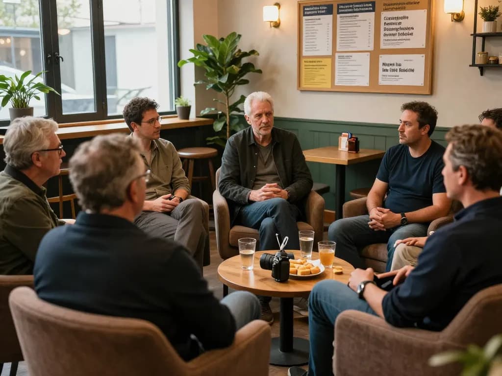 Men gathering at a supportive man club for open discussions, promoting camaraderie and mental health.