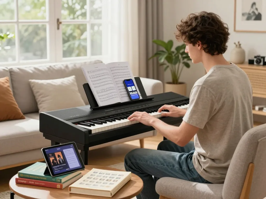 Engaged musician practicing go 88 on a digital piano in a cozy living room.