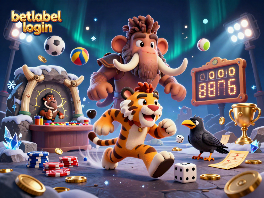 Experience seamless betlabel login with an exciting prehistoric casino scene filled with dynamic gambling elements.