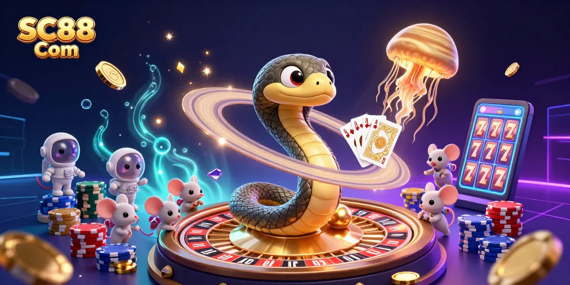 Experience excitement with SC88 Com as astronaut mice place bets on a cosmic roulette wheel, surrounded by vibrant casino elements.