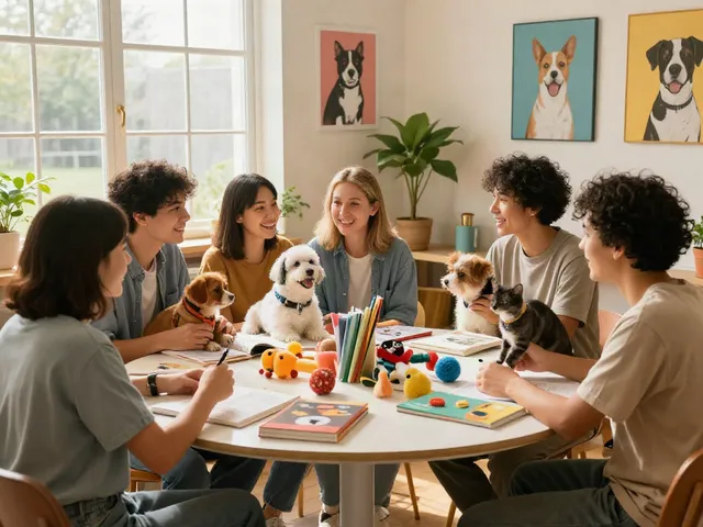 Community of pet lovers discussing rokok88 pet care tips in a cozy space.