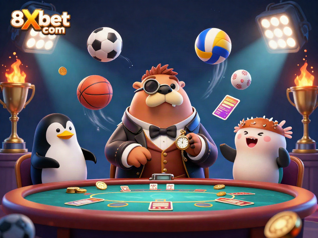 Experience thrilling gameplay and betting fun at 8Xbet com with underwater poker and vibrant sports elements.