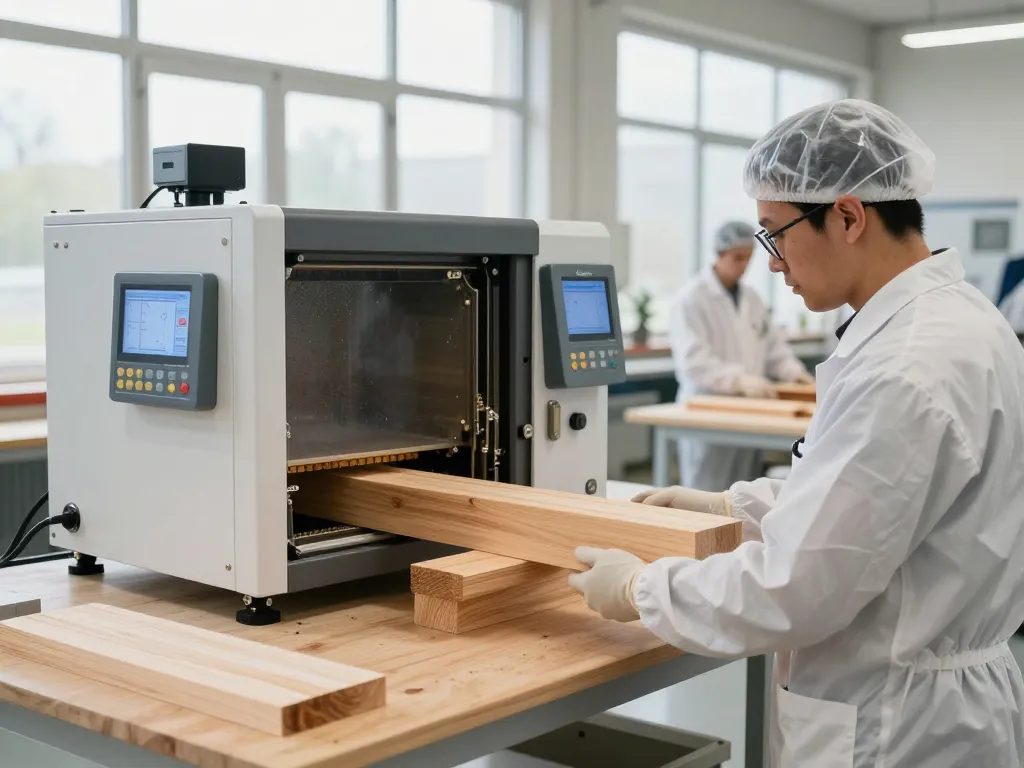 Avanzato processo di trattamento microonde antitarlo in un impianto di trattamento del legno con tecnici che garantiscono standard di qualità.