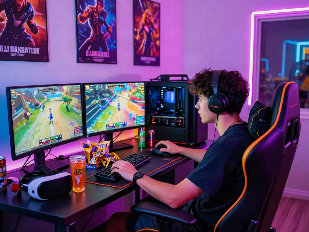 Gamer immersed in interactive porn games on high-end gaming setup with multiple monitors.