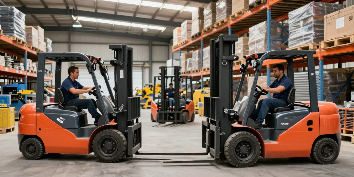 Dynamic scene of electric forklift for sale in a busy warehouse setting showcasing efficient material handling