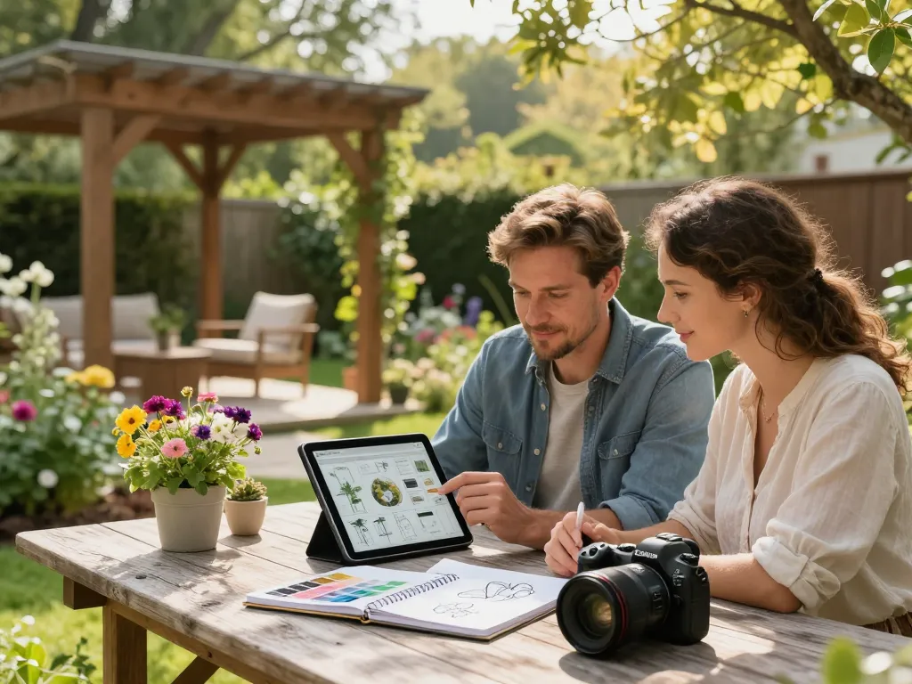 Couple using a pergola 3D planner app to design an outdoor structure in a vibrant garden setting.