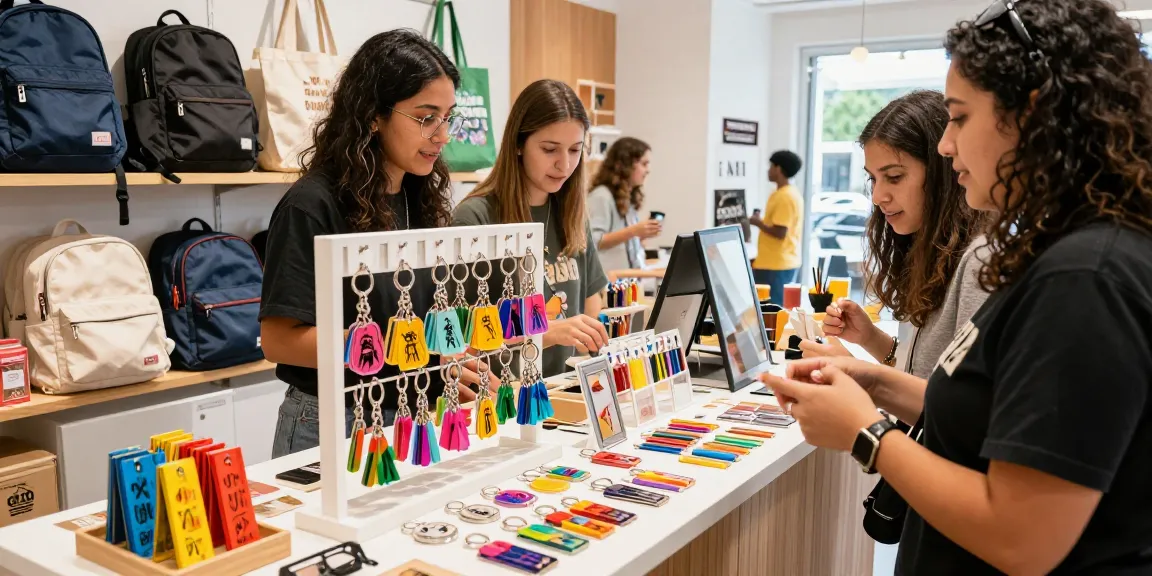 Explore an array of custom keychains in a vibrant retail environment, showcasing unique designs and enthusiastic customer engagement.