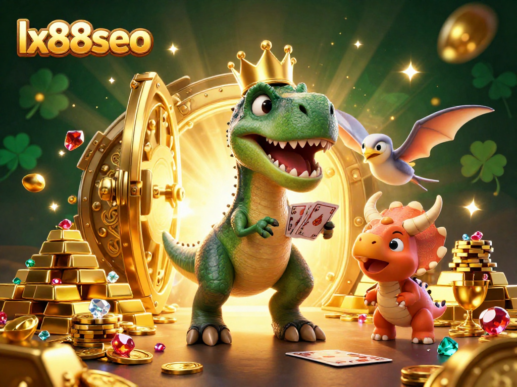 Win big with lx88seo at a vibrant online casino adventure featuring playful dinosaur characters.
