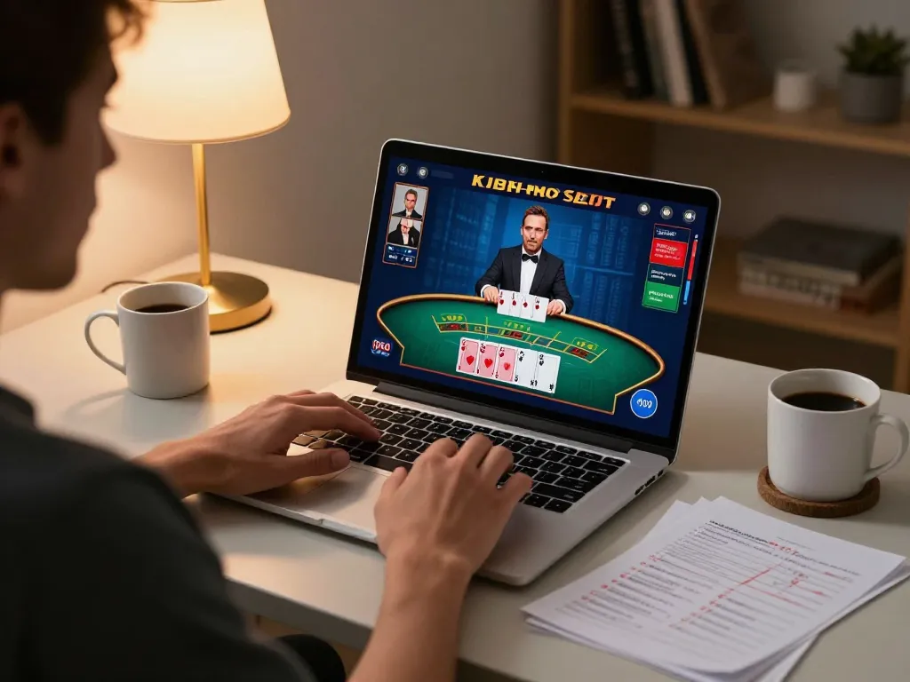 Engaging gaming moment on https://app78win.net/ laptop showing live blackjack action with strategic notes around