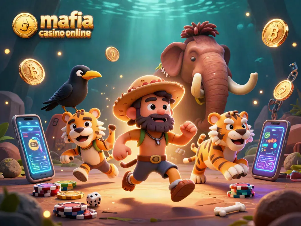 Experience mafia casino online with vibrant caveman characters and crypto coins in action.