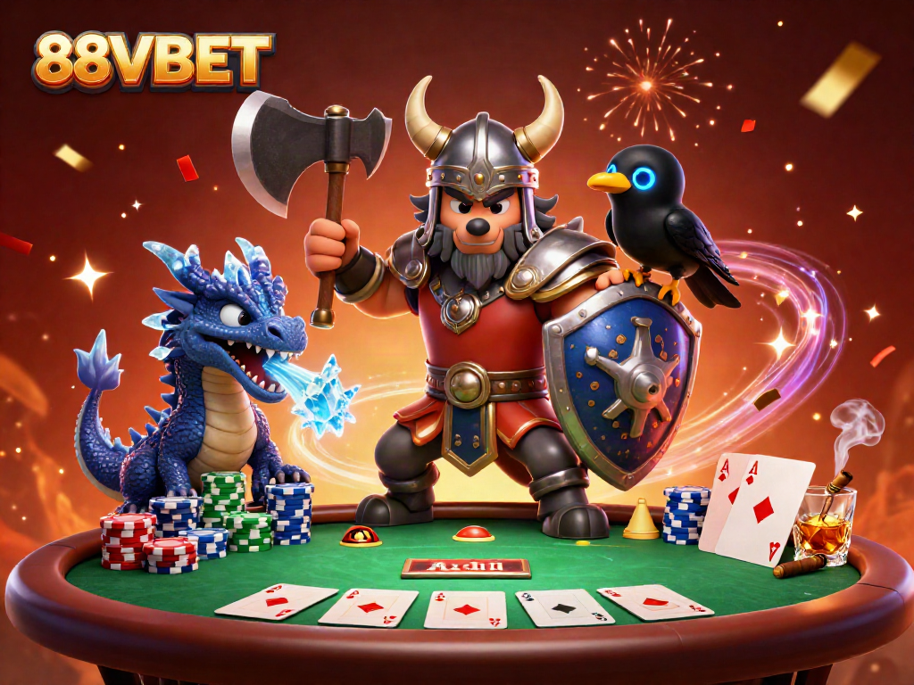 Experience thrilling gameplay with 88VBET in an epic 3D casino showdown featuring a Viking warrior and his dragon.