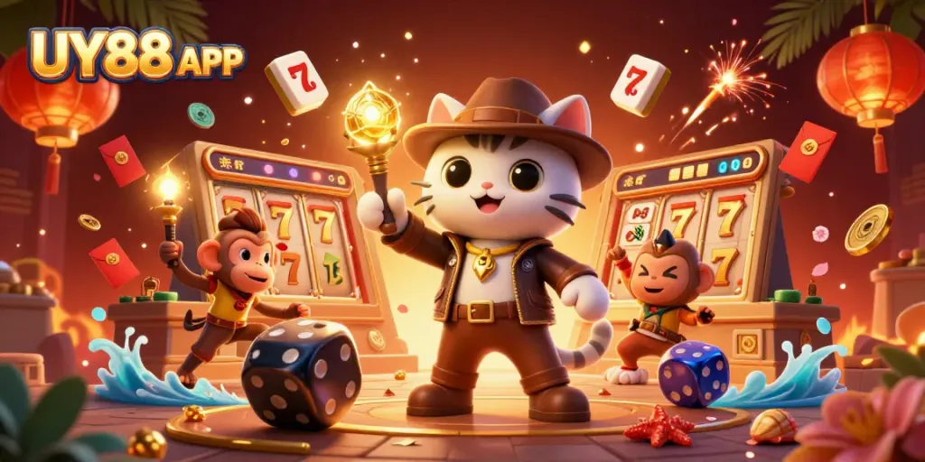 Play and win with UY88 APP in this rich casino-themed illustration filled with vibrant elements.