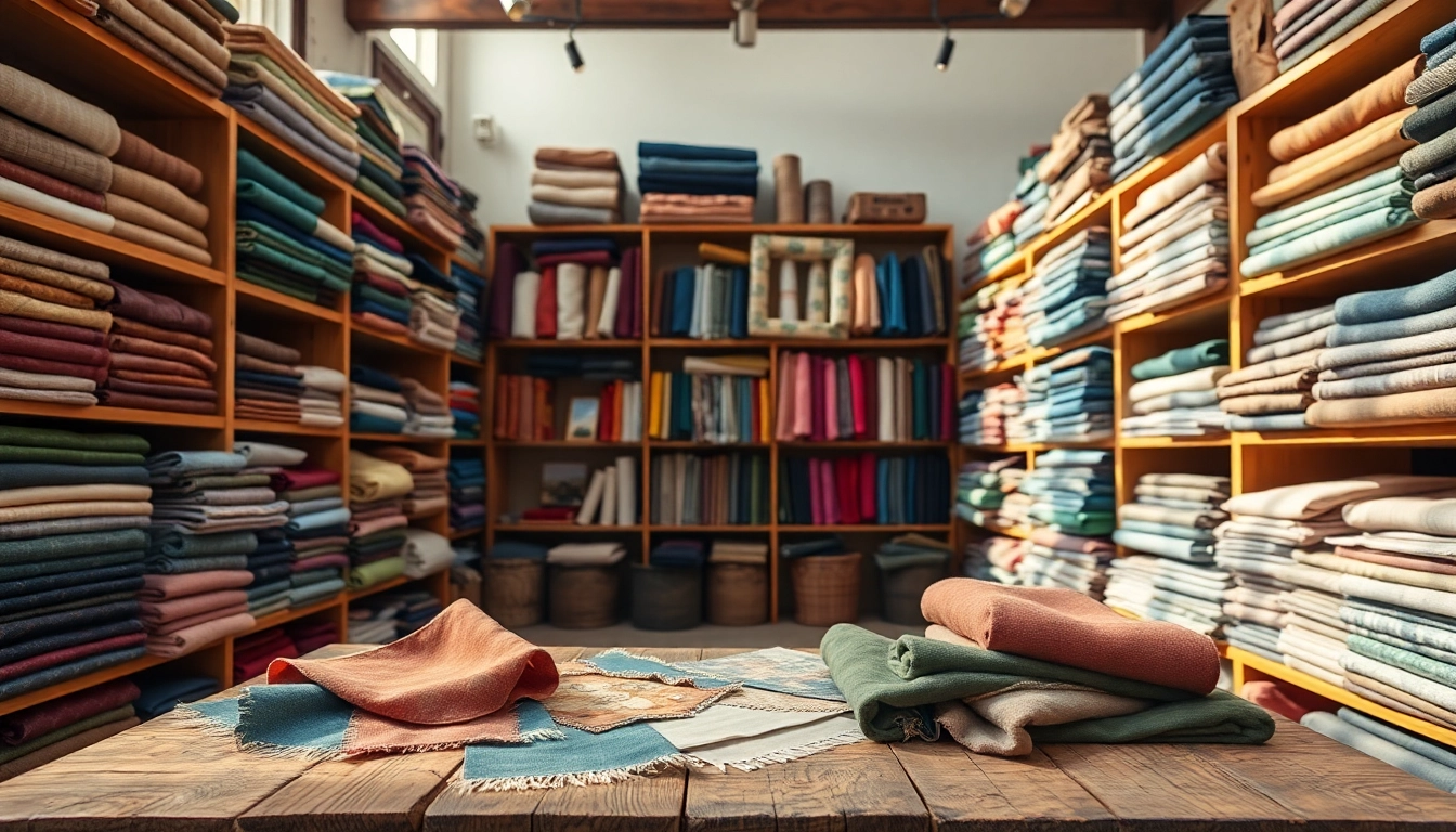 Bekijk stoffen winkel online met variëteit aan kleurrijke textiel en gezellige omgeving.