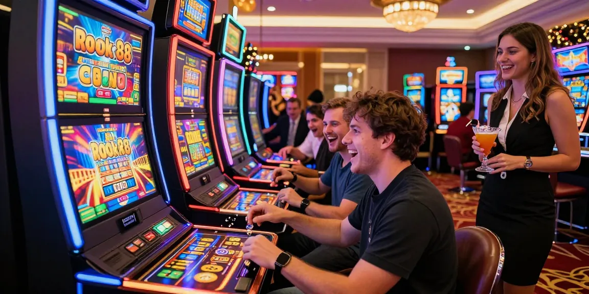 Exciting moments at a rokok88 slot machine in a lively casino atmosphere.