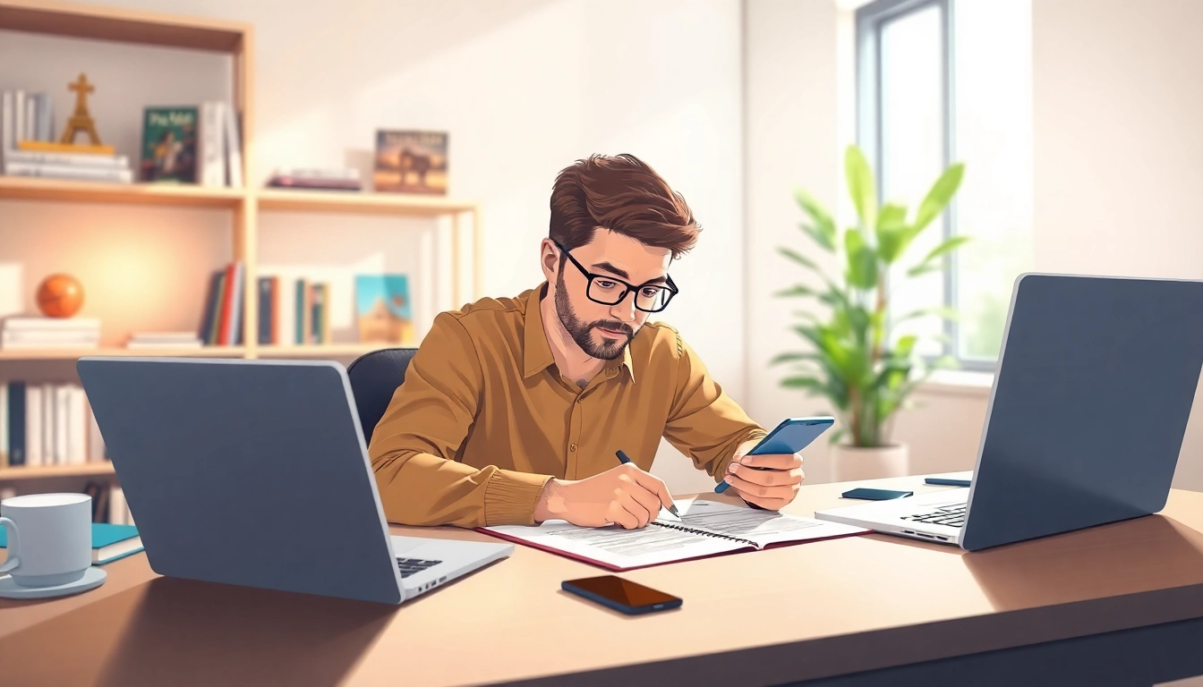 Completing the eta uk application form with a focused individual at a modern desk.