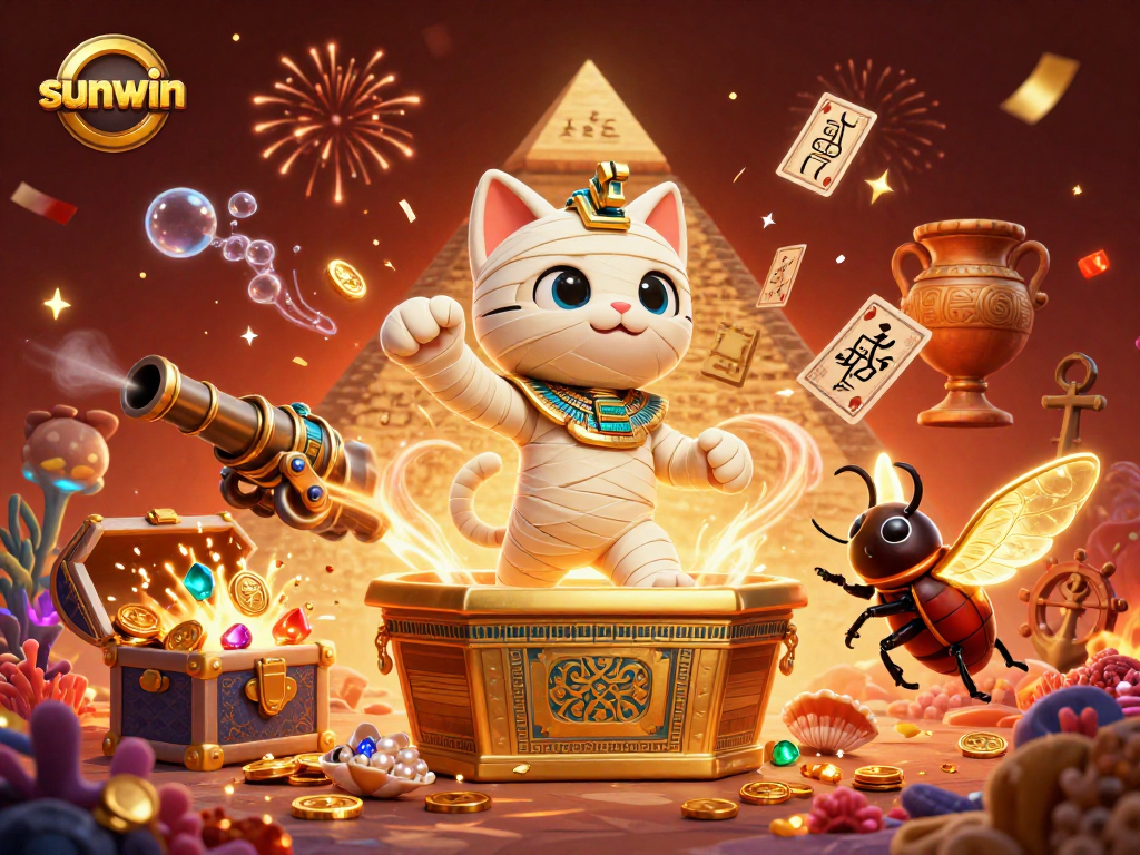 Engage in the thrilling world of Sunwin with an Egyptian mummy cat and glowing scarab in a vibrant casino setting.