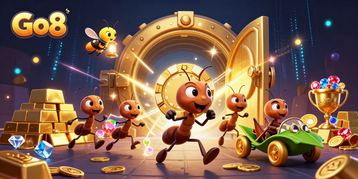 Go8 ants skillfully navigating a heist for giant poker chips in a vibrant casino-themed adventure.