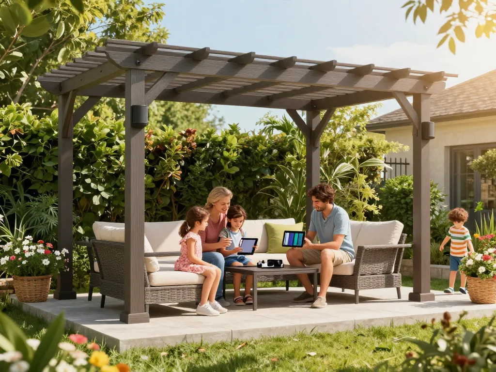 Famiglia che si gode il configuratore pergole online su una terrazza soleggiata con funzionalità personalizzabili.