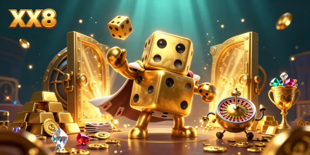 Experience thrilling gameplay at XX 8 with a vibrant scene of dynamic casino characters and gold treasures.